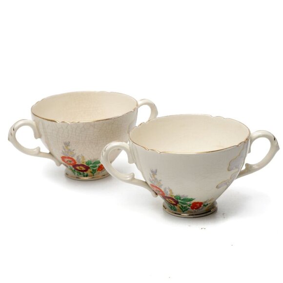 Vintage Royal Cauldon Floral Footed Bullion Cups Double Handles Cream Red Gold - Picture 1 of 7